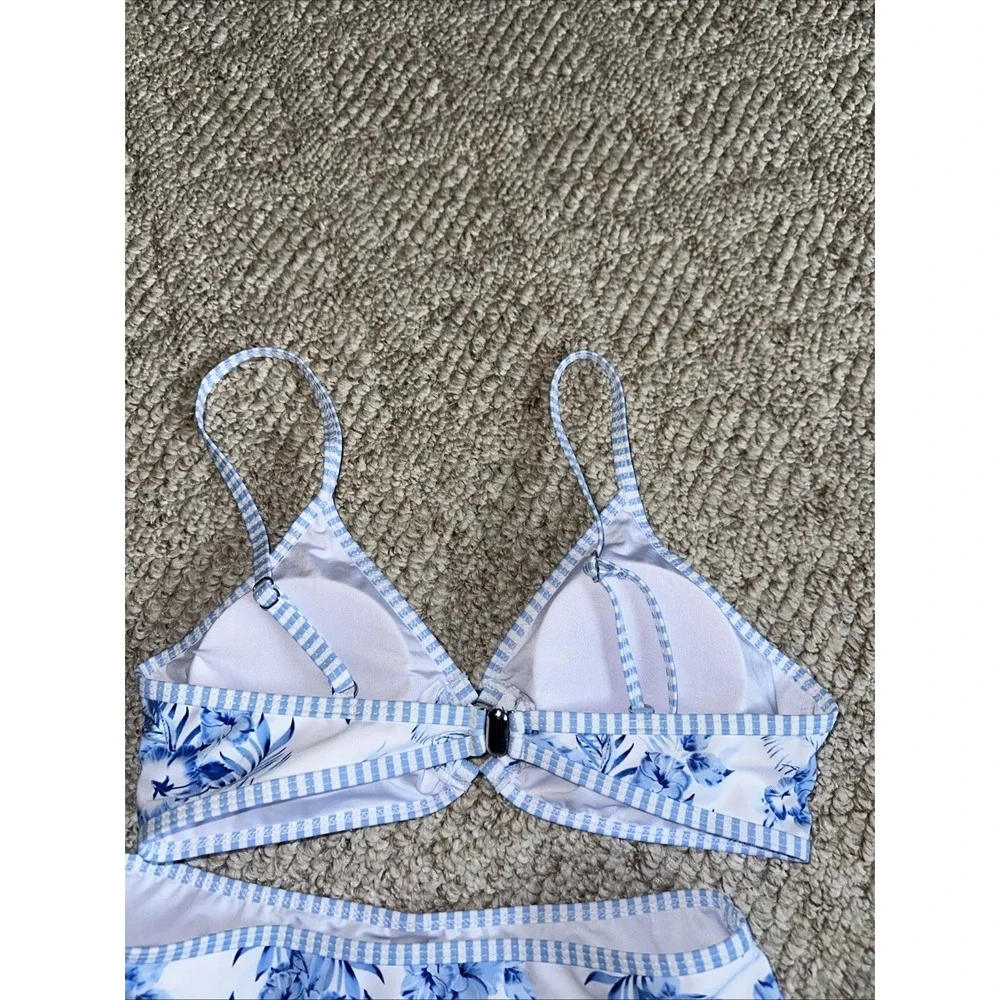 Women's Blue White Floral 2-Piece Bikini Bralette High-Waisted Stretch Small EUC